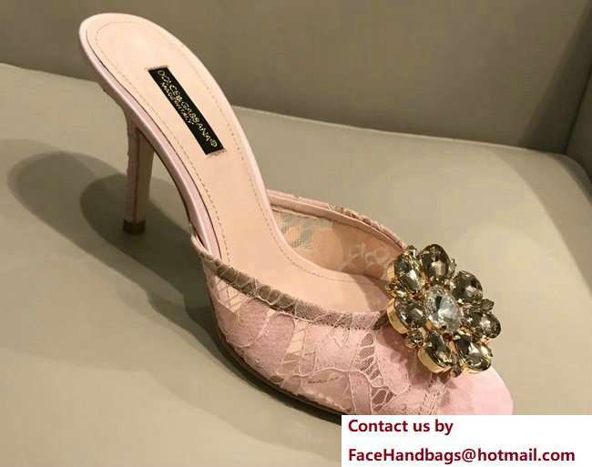 Dolce & Gabbana Heel 7cm Slippers Pink In Lace With Crystals 2018